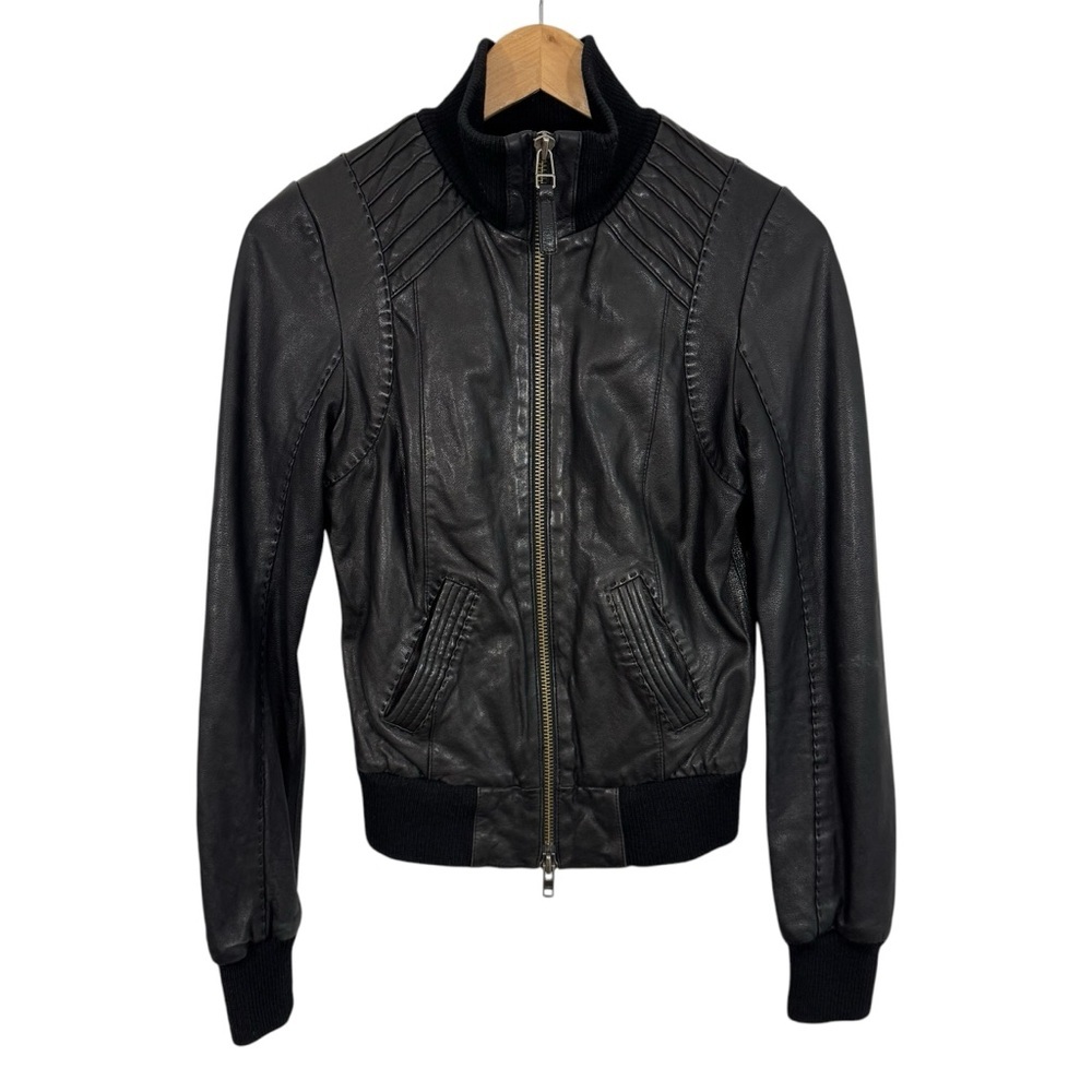 Mackage Dark Leather Jacket with Ribbed Details